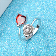 Red Crystal & Cubic Zirconia Heart & Rose Bypass Ring