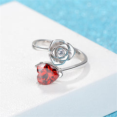 Red Crystal & Cubic Zirconia Heart & Rose Bypass Ring