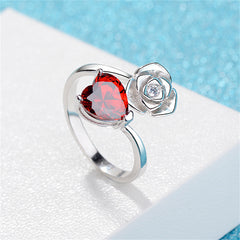 Red Crystal & Cubic Zirconia Heart & Rose Bypass Ring