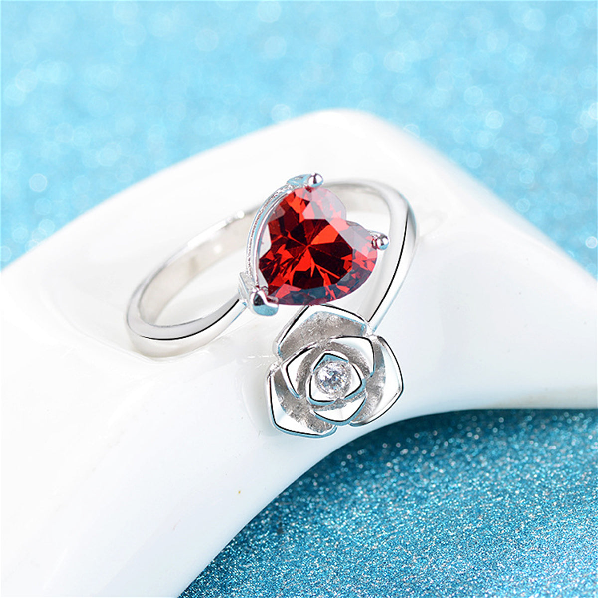 Red Crystal & Cubic Zirconia Heart & Rose Bypass Ring