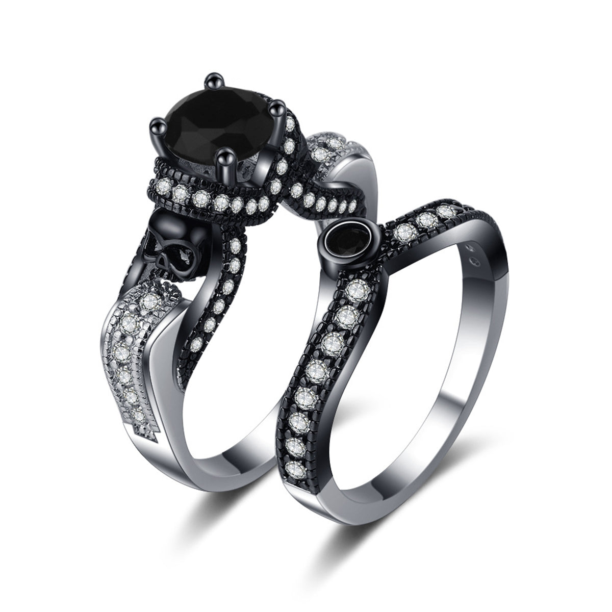 Black Crystal & Cubic Zirconia Two-Tone Skull Ring Set