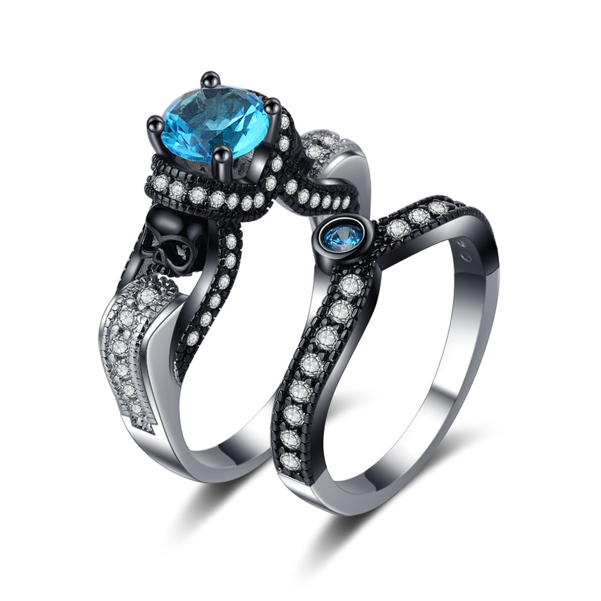 Blue Crystal & Cubic Zirconia Skull Ring Set