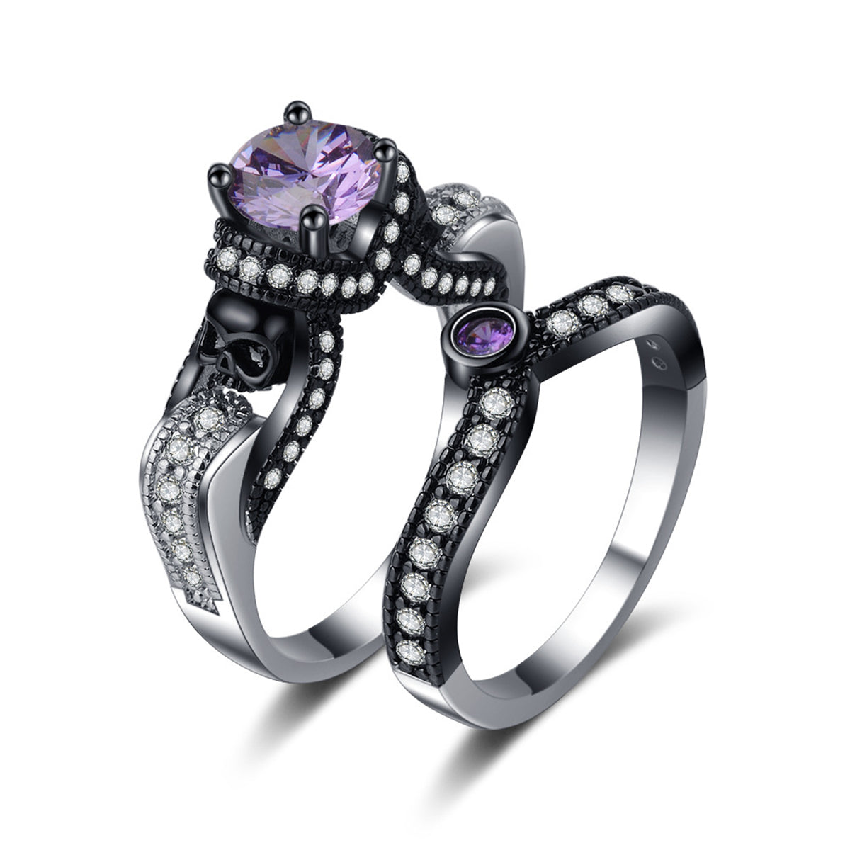 Purple Crystal & Cubic Zirconia Skull Ring Set