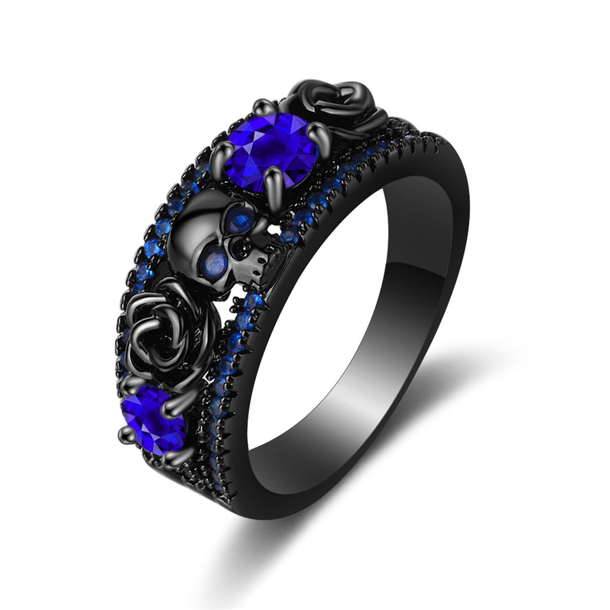 Blue Crystal & Cubic Zirconia Skull Rose Ring