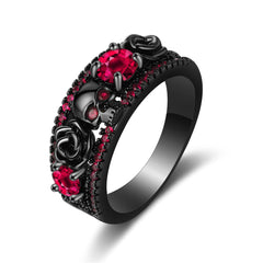 Red Crystal & Cubic Zirconia Skull Rose Ring