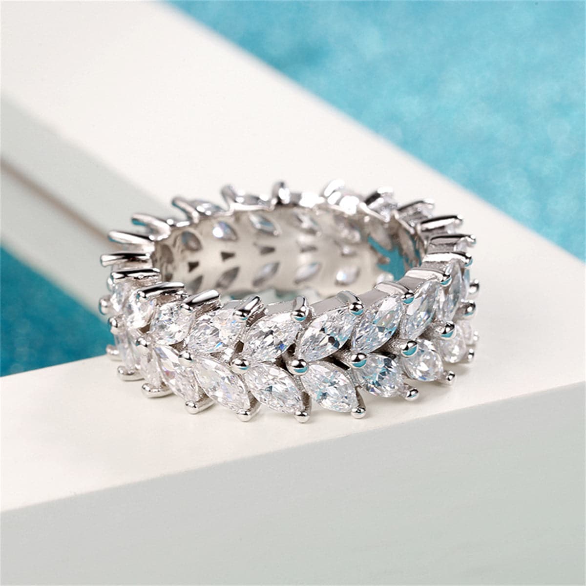 Crystal & Silver-Plated Marquise-Cut Two Rank Band Ring