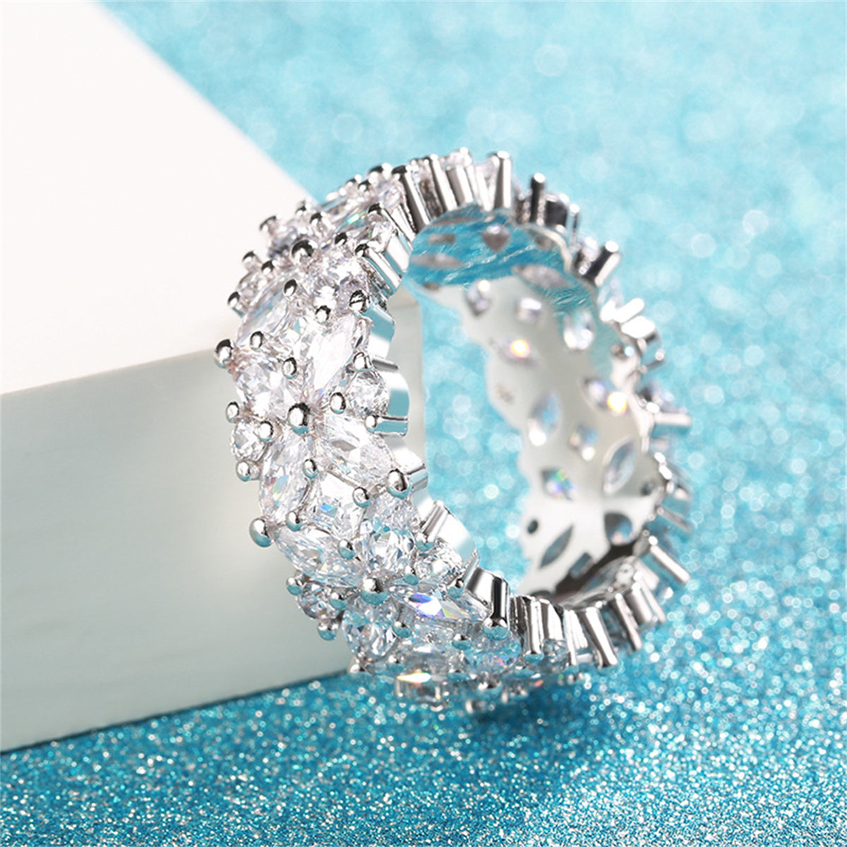 Crystal & Cubic Zirconia Silver-Plated Flower Band Ring