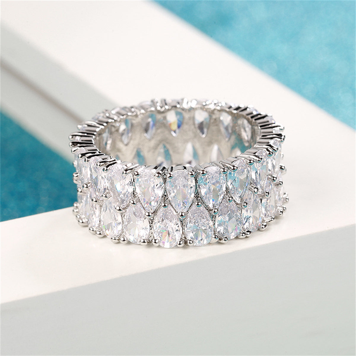 Pear Cut-Crystal & Silver-Plated Layered Band Ring