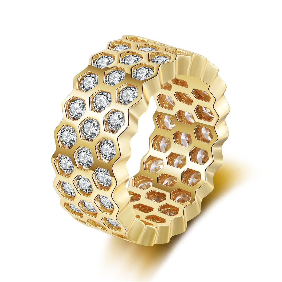 Cubic Zirconia & 18K Gold-Plated Honeycomb Band Ring