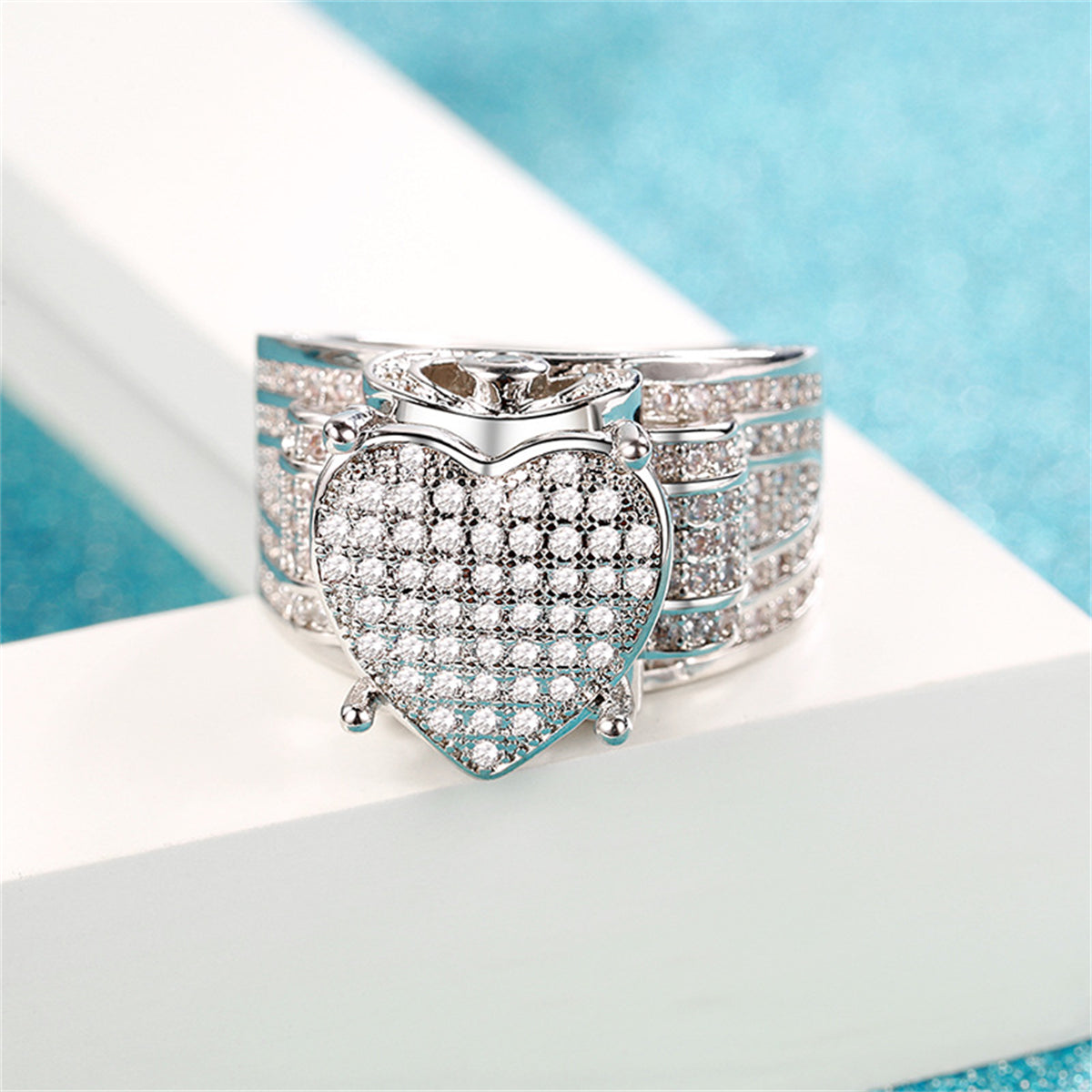 Cubic Zirconia & Silver-Plated Heart Ring