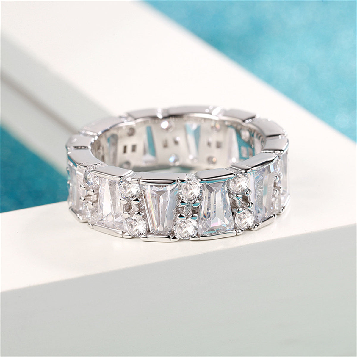 Crystal & Cubic Zirconia Silver-Plated Ladder Band Ring