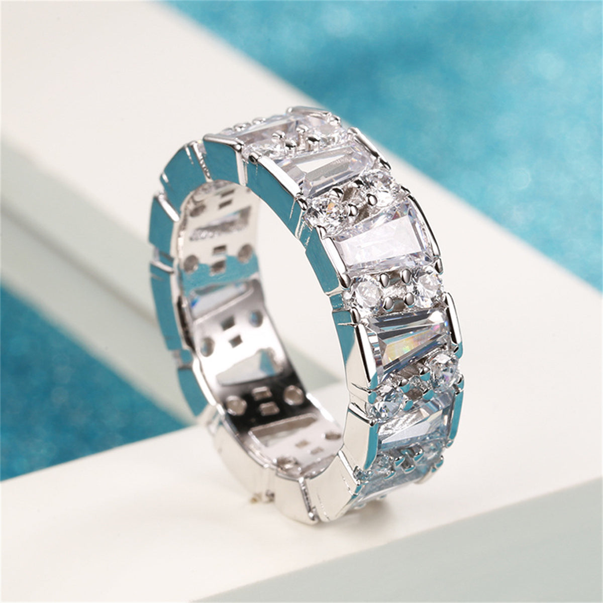 Crystal & Cubic Zirconia Silver-Plated Ladder Band Ring