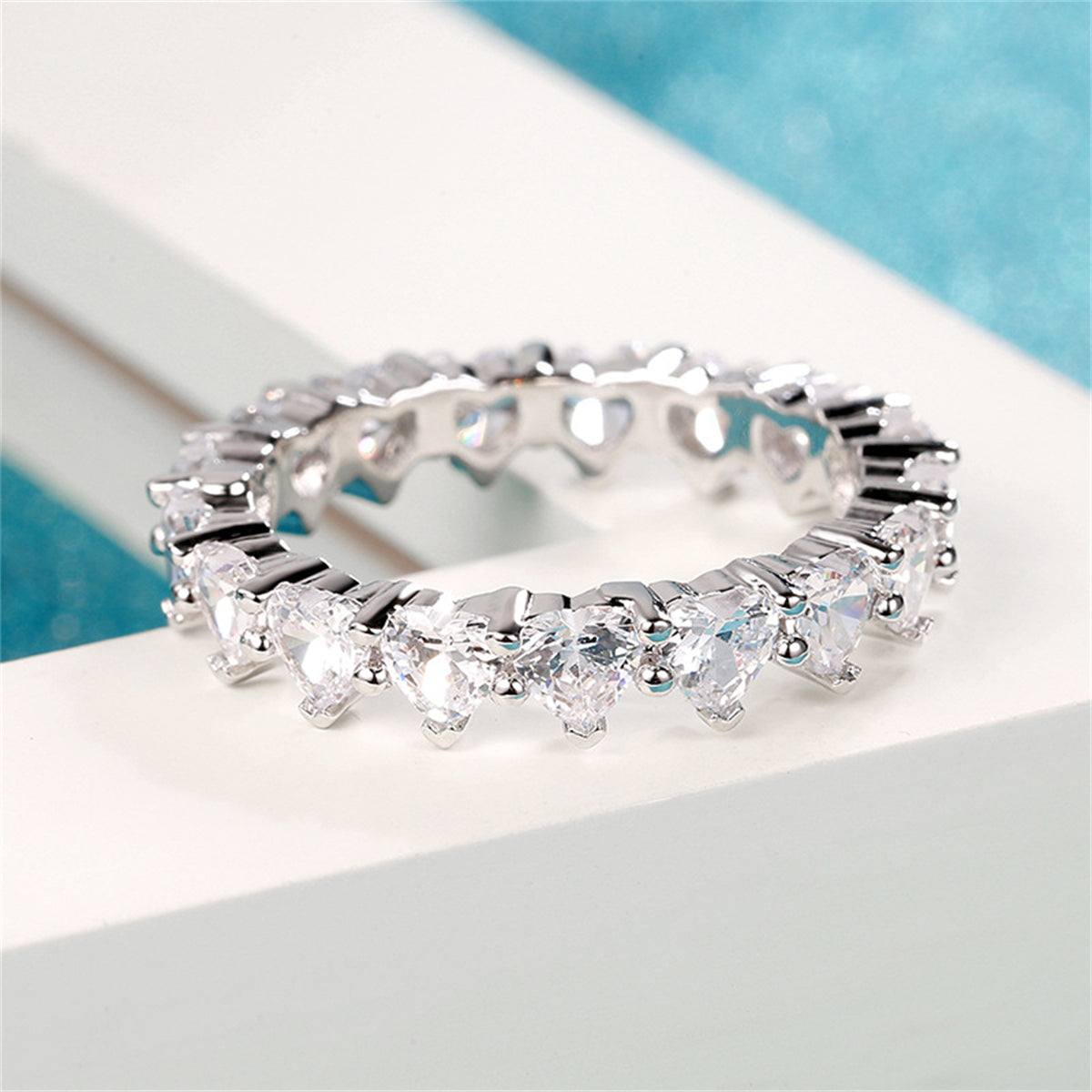 Clear Crystal & Silver-Plated Heart Band Ring