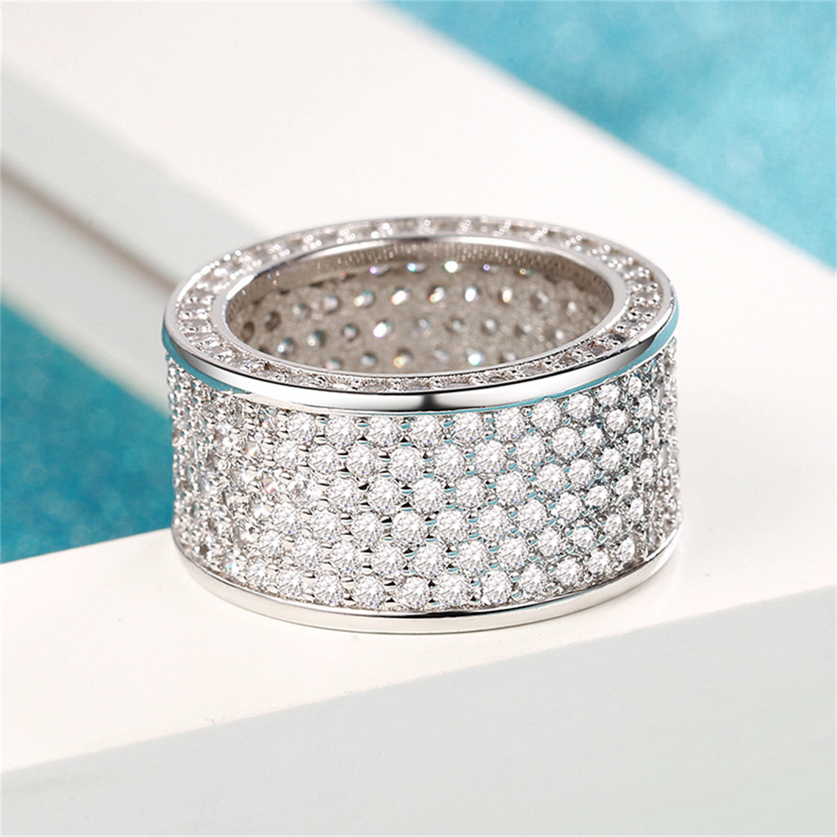 Cubic Zirconia & Silver-Plated Wide Band Ring