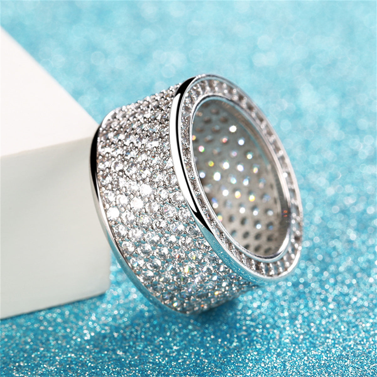 Cubic Zirconia & Silver-Plated Wide Band Ring