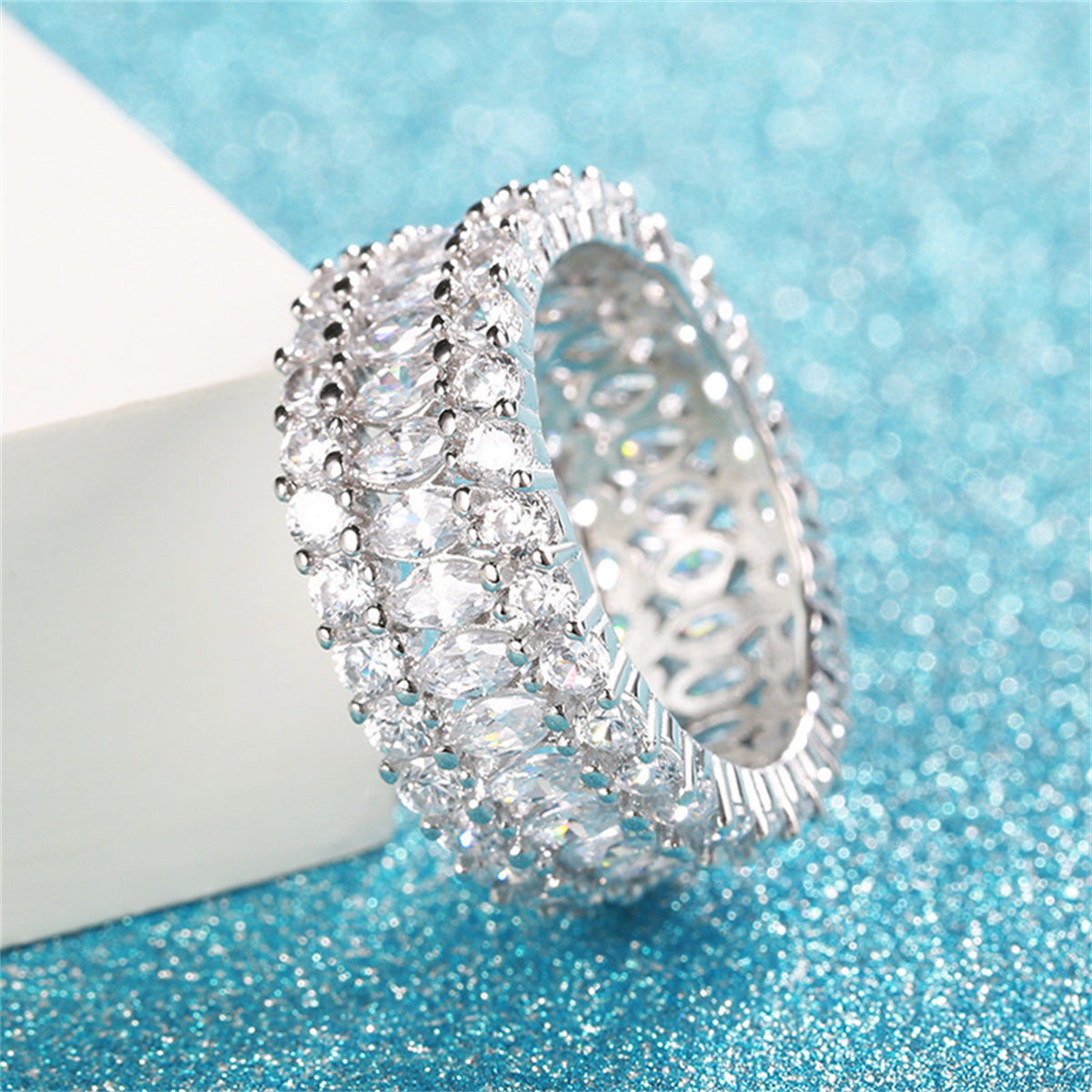 Crystal & Cubic Zirconia Silver-Plated Marquise Layer Ring