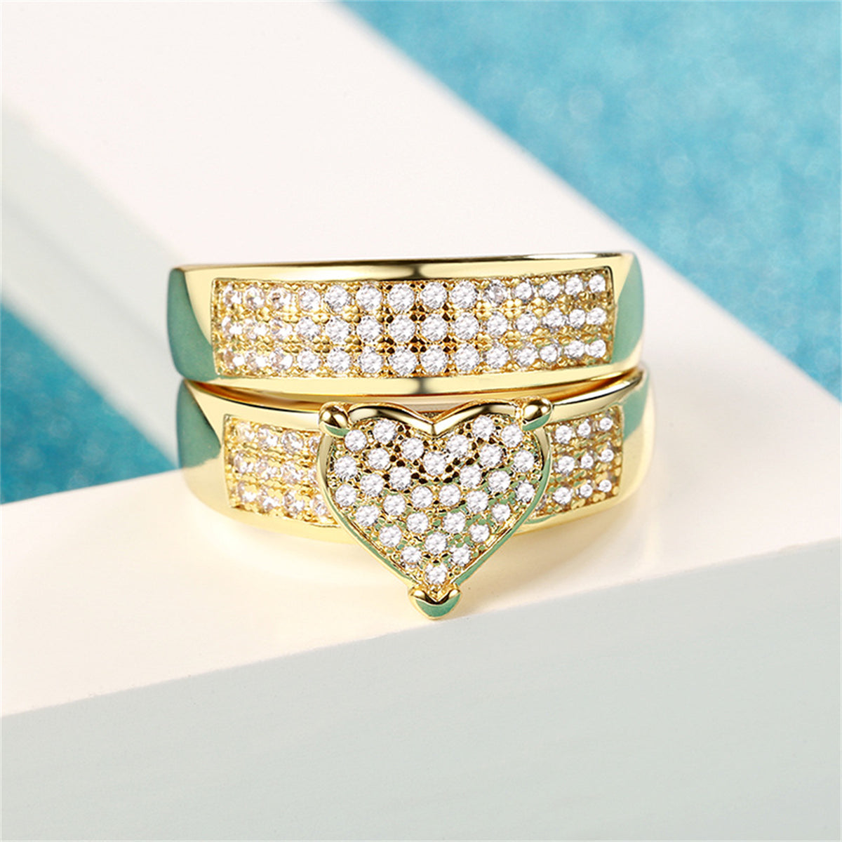 Cubic Zirconia & 18K Gold-Plated Heart Band Ring Set