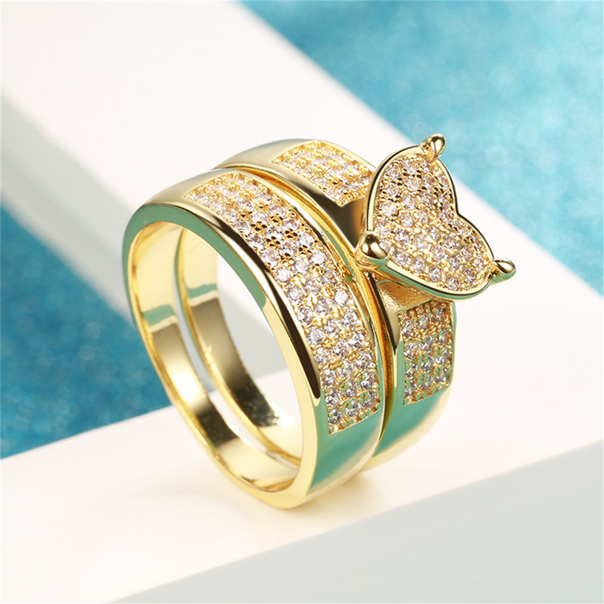 Cubic Zirconia & 18K Gold-Plated Heart Band Ring Set