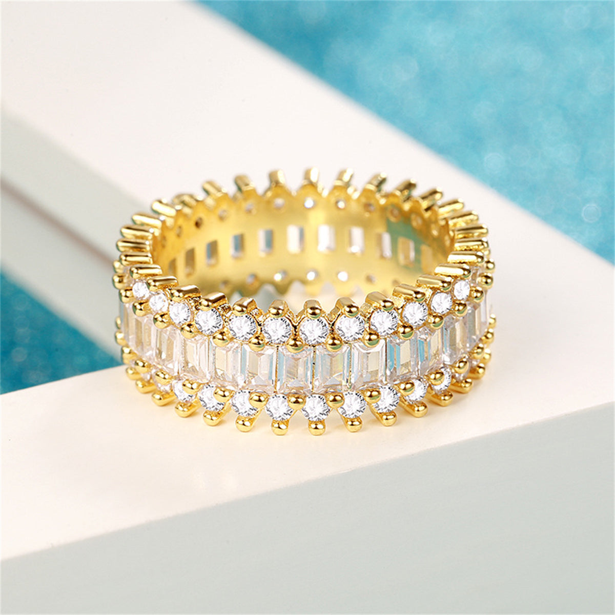 Crystal & Cubic Zirconia 18K Gold-Plated Geometric Band Ring