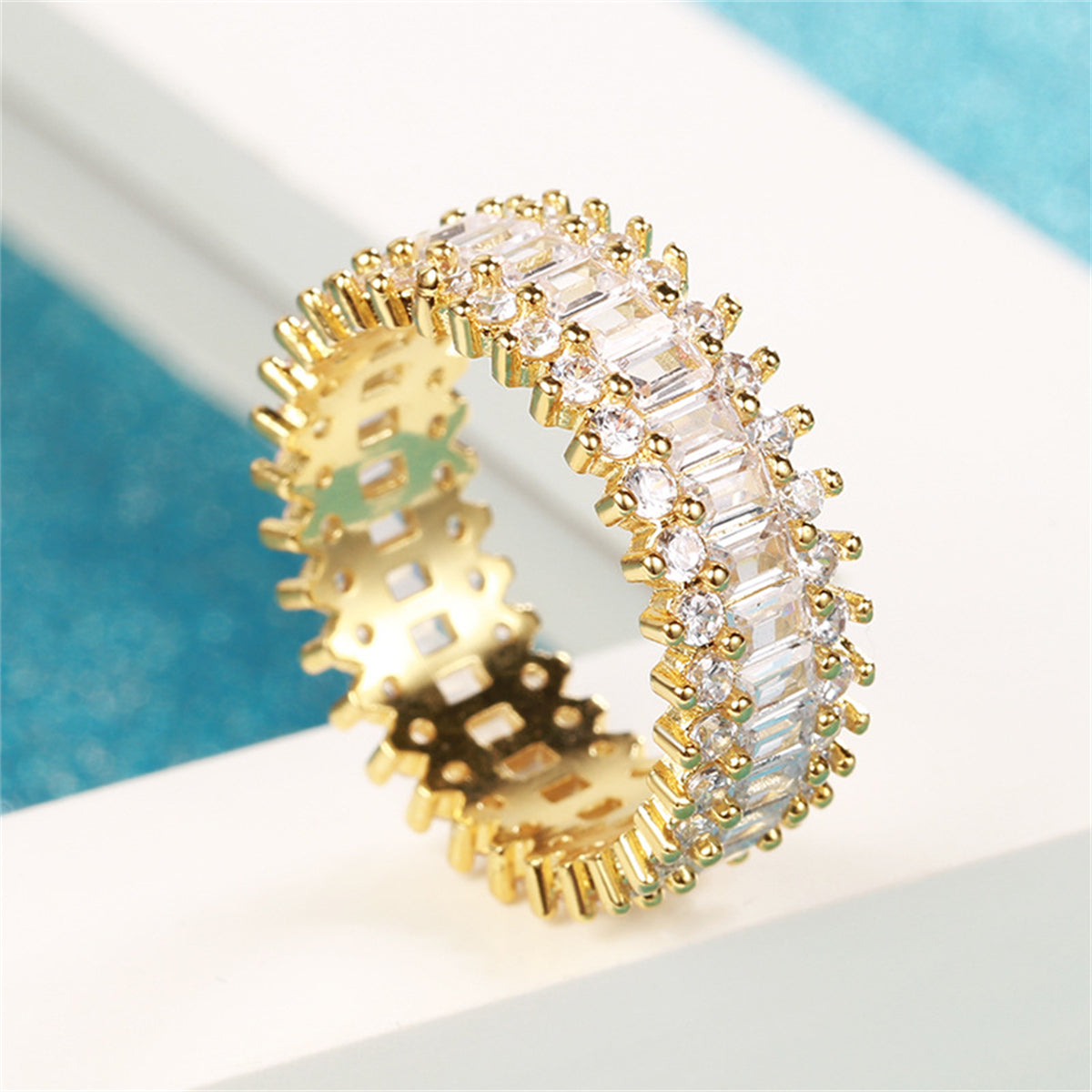 Crystal & Cubic Zirconia 18K Gold-Plated Geometric Band Ring