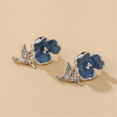 Blue Enamel & Silver-Plated Flower & Hummingbird Drop Earrings