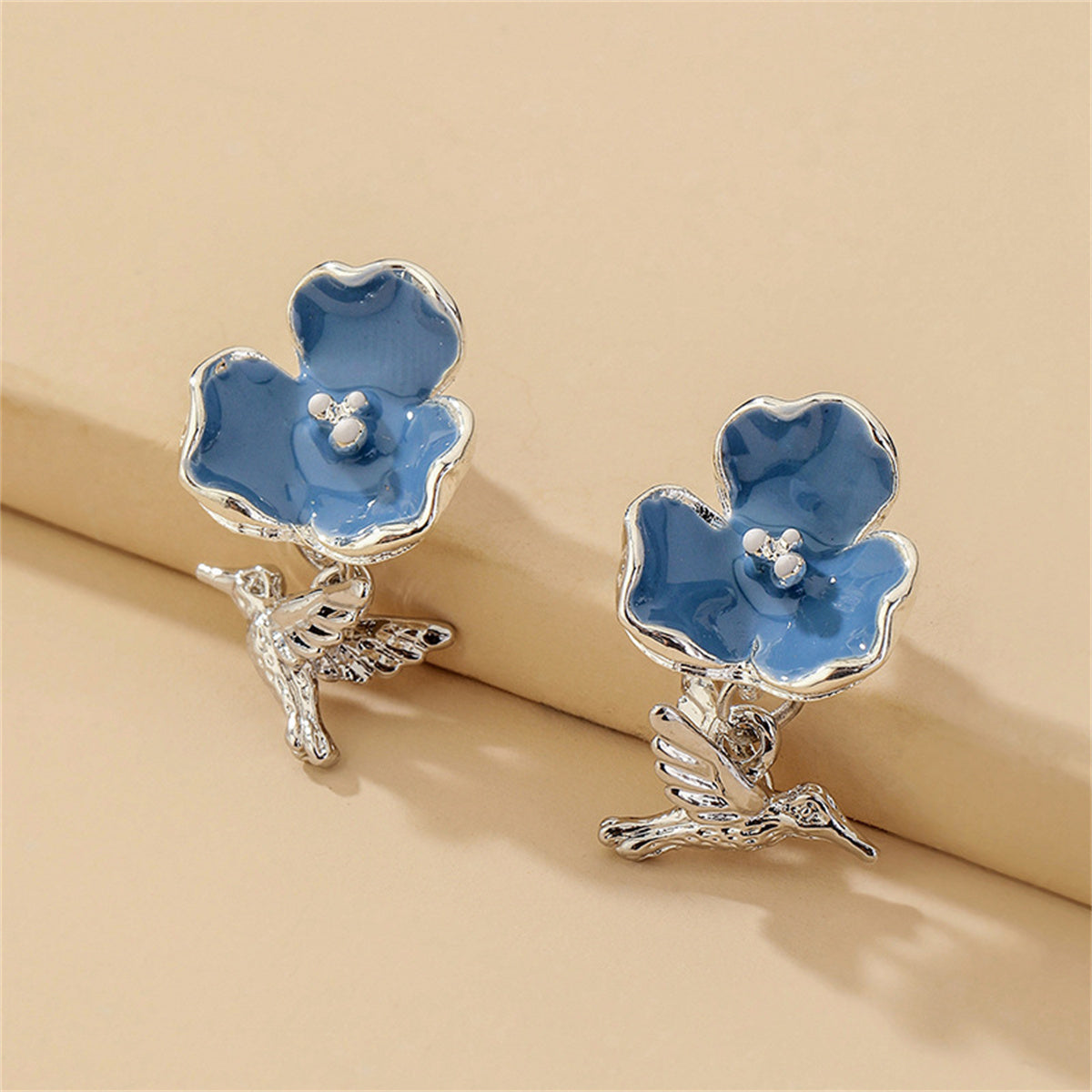 Blue Enamel & Silver-Plated Flower & Hummingbird Drop Earrings