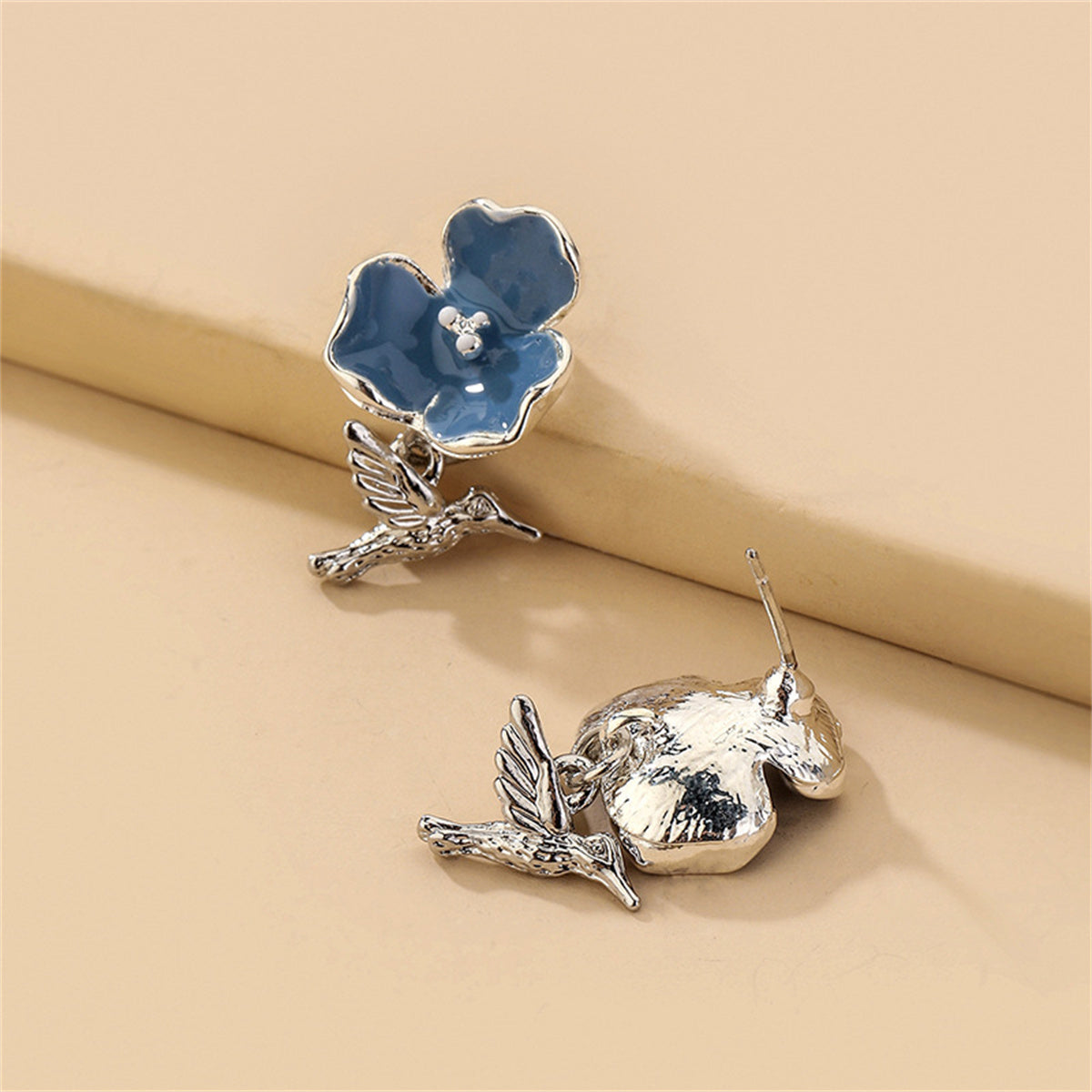 Blue Enamel & Silver-Plated Flower & Hummingbird Drop Earrings