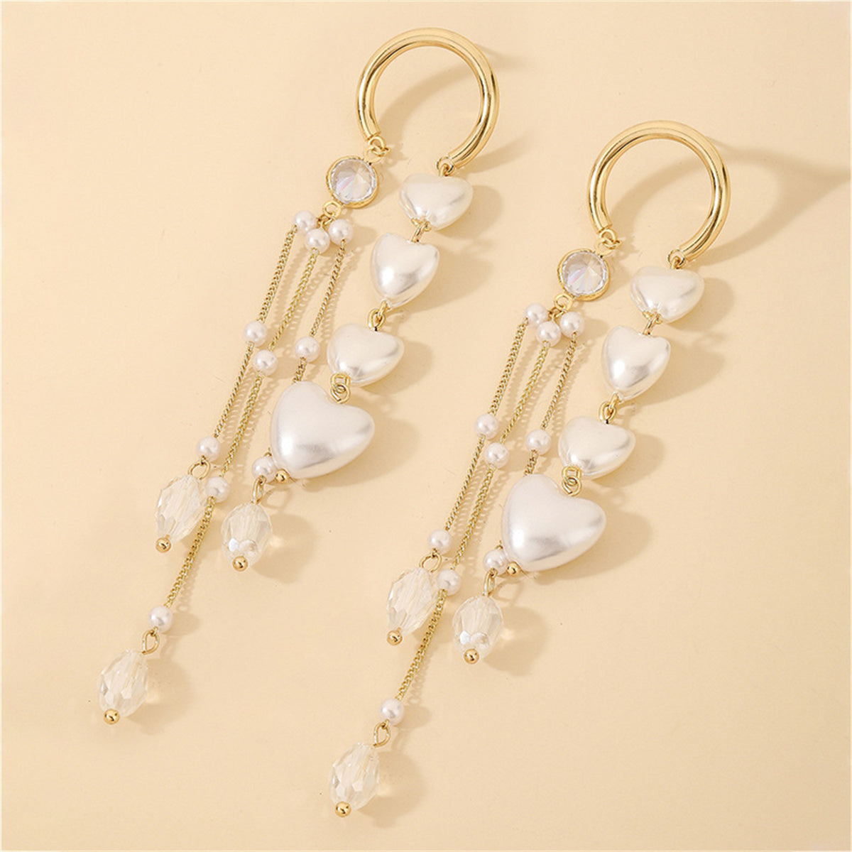 Cubic Zirconia & Pearl 18K Gold-Plated Heart Tassel Threader Earrings