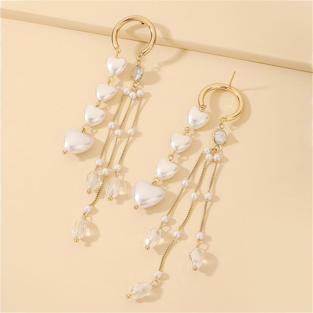 Cubic Zirconia & Pearl 18K Gold-Plated Heart Tassel Threader Earrings