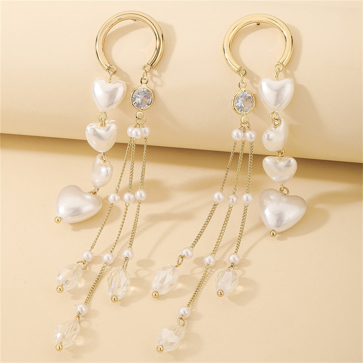 Cubic Zirconia & Pearl 18K Gold-Plated Heart Tassel Threader Earrings