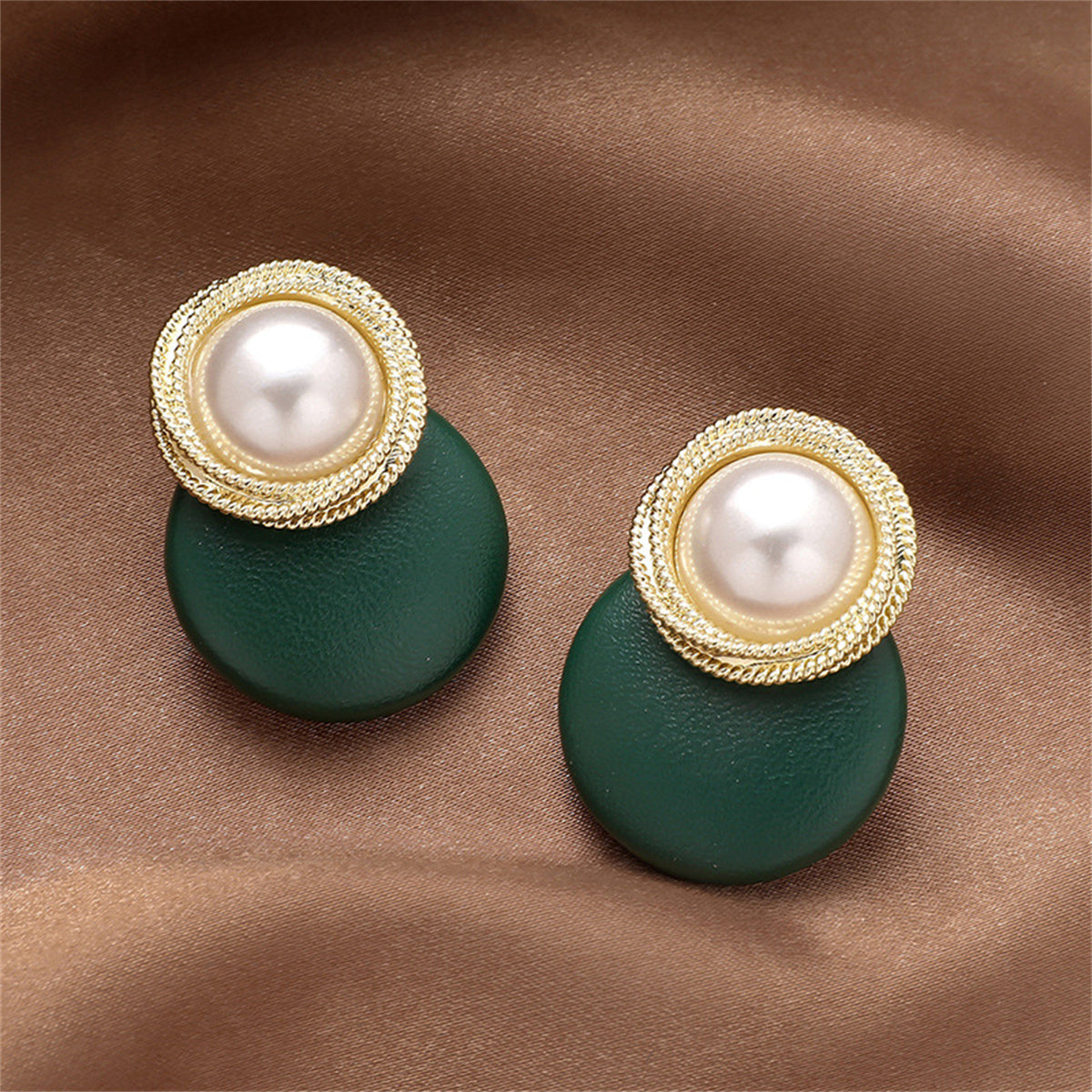 Green Polystyrene & Pearl Circle Dangle Earrings