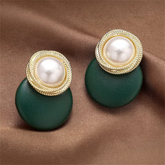 Green Polystyrene & Pearl Circle Dangle Earrings