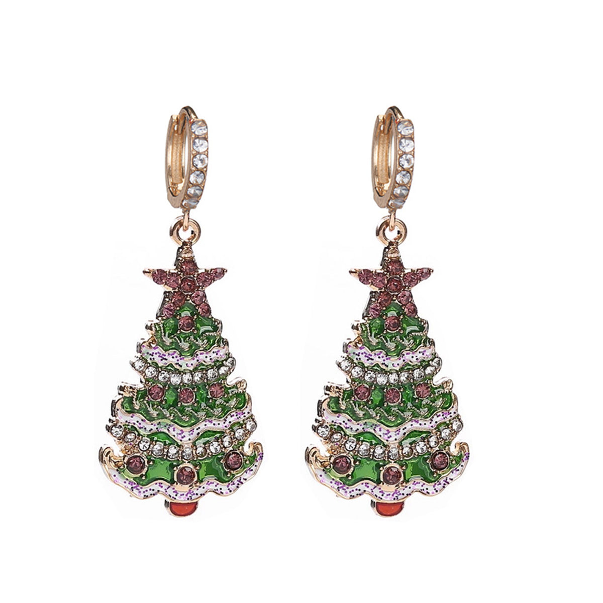 Cubic Zirconia & 18K Gold-Plated Christmas Tree Huggie Earrings