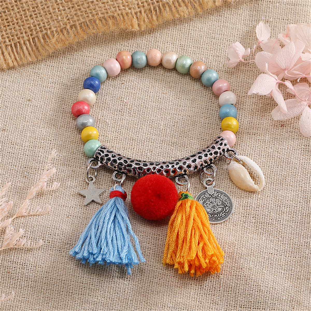 Blue Multicolor Wood & Silver-Plated Tassel Stretch Bracelet