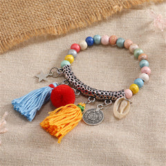 Blue Multicolor Wood & Silver-Plated Tassel Stretch Bracelet