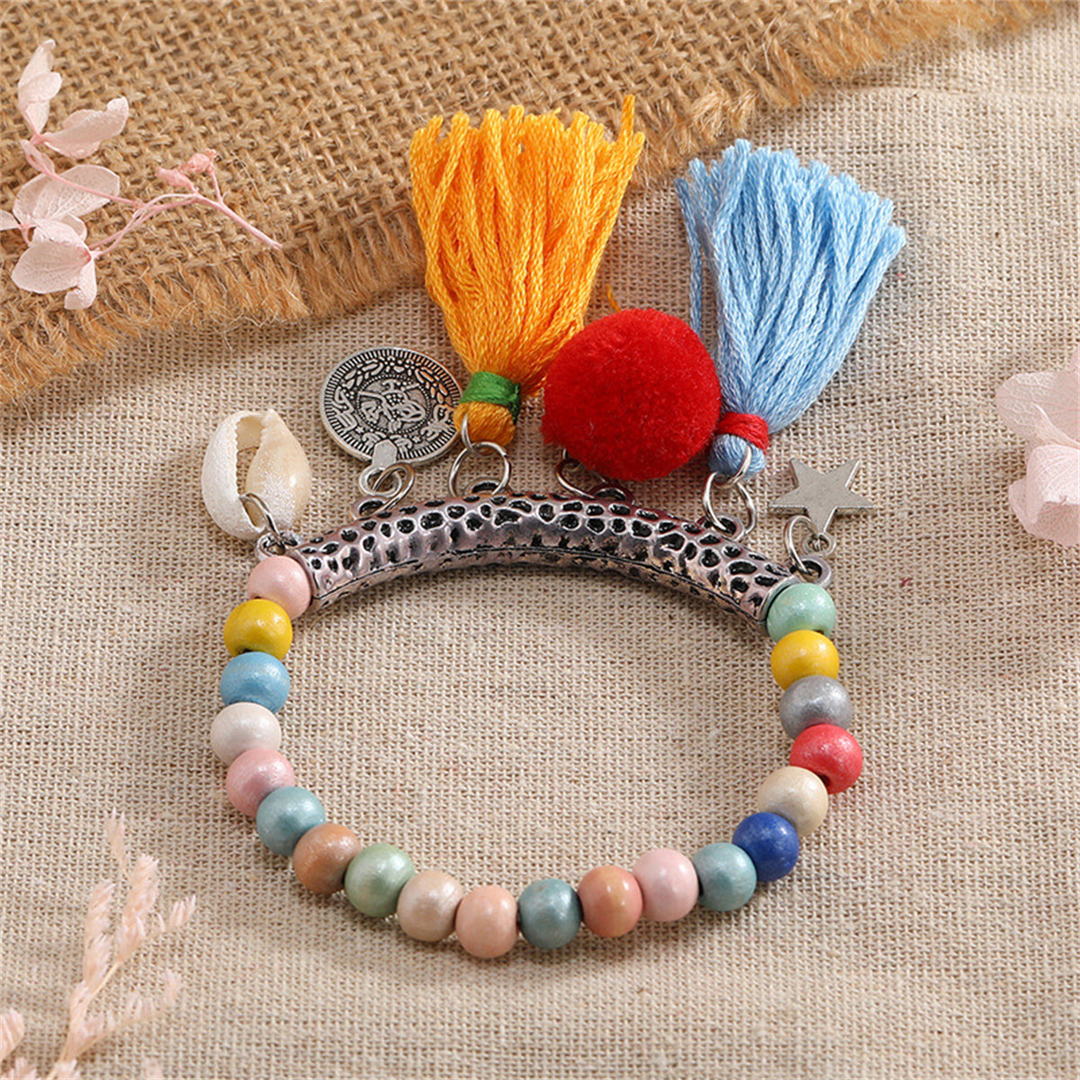 Blue Multicolor Wood & Silver-Plated Tassel Stretch Bracelet