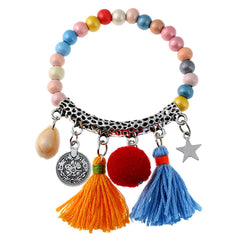 Blue Multicolor Wood & Silver-Plated Tassel Stretch Bracelet