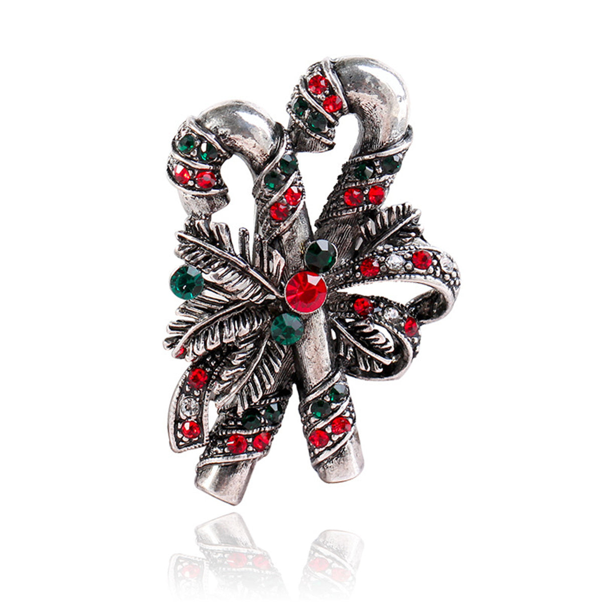 Red Cubic Zirconia & Silver-Plated Double Candy Cane Brooch