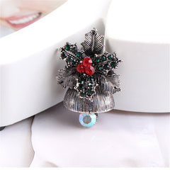 Cubic Zirconia & Silver-Plated Flower Christmas Bell Brooch