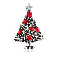 Red Cubic Zirconia & Silver-Plated Christmas Tree Brooch