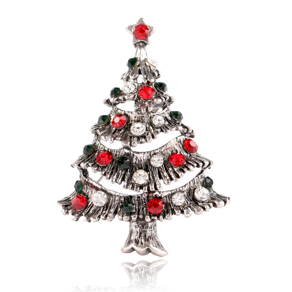 Red & Black Cubic Zirconia Openwork Christmas Tree Brooch