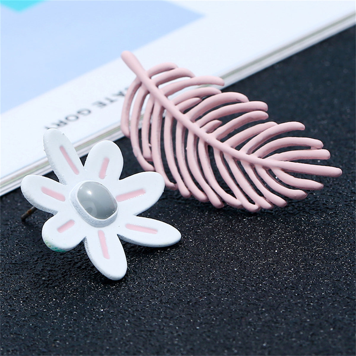 Pink Enamel & Silver-Plated Leaf Flower Mismatching Stud Earrings