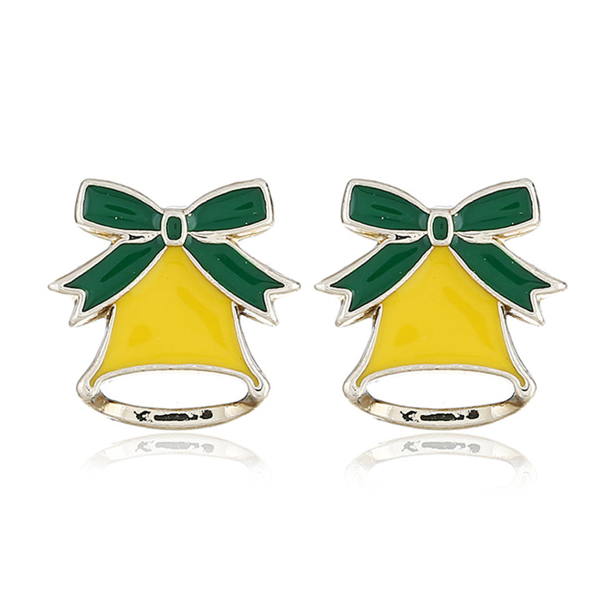 Silver-Plated & Yellow Enamel Christmas Bell Stud Earrings