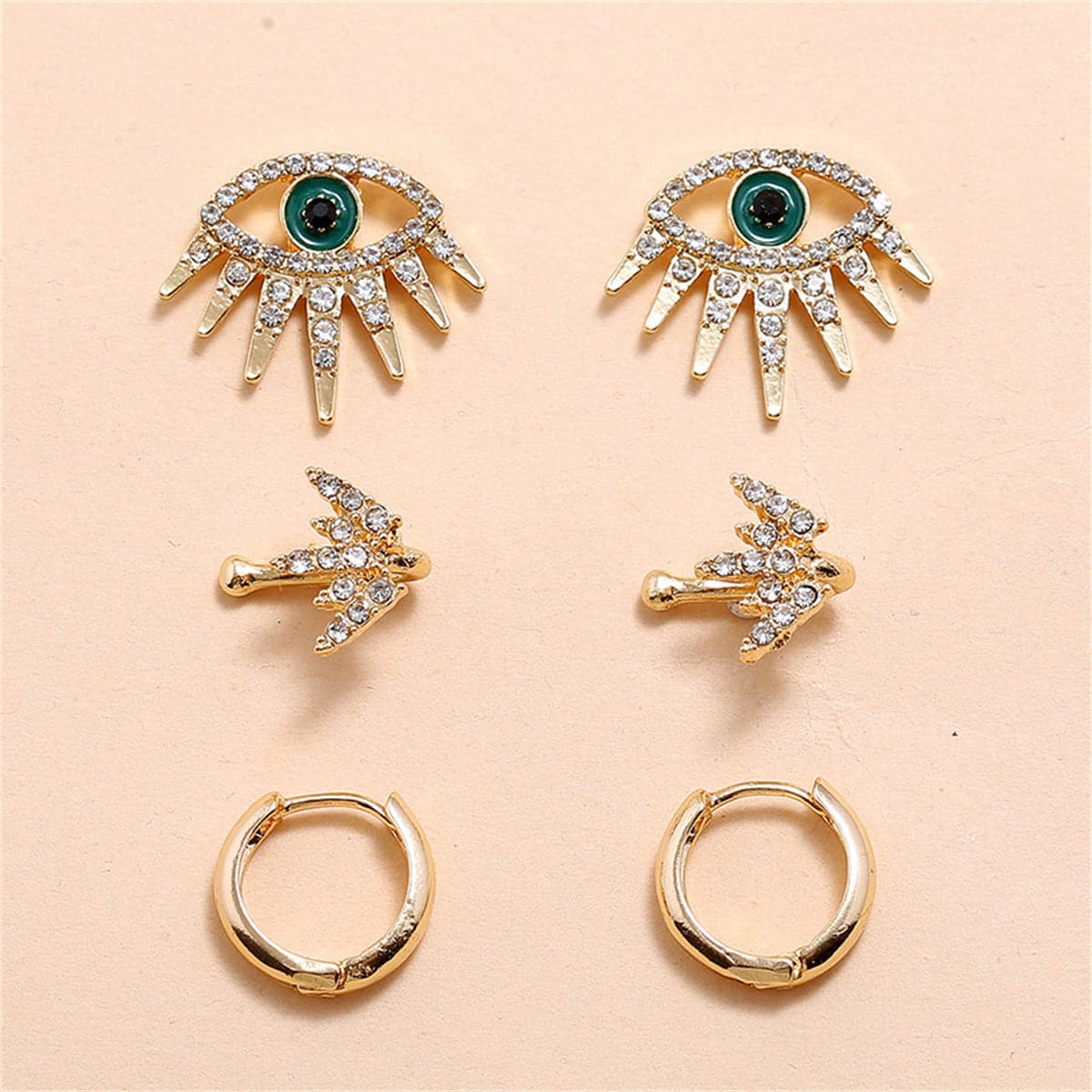 Cubic Zirconia & 18K Gold-Plated Eye Stud Earrings Set