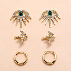 Cubic Zirconia & 18K Gold-Plated Eye Stud Earrings Set