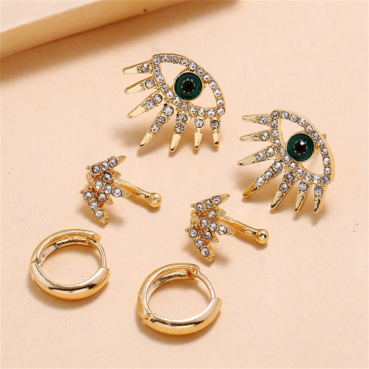 Cubic Zirconia & 18K Gold-Plated Eye Stud Earrings Set