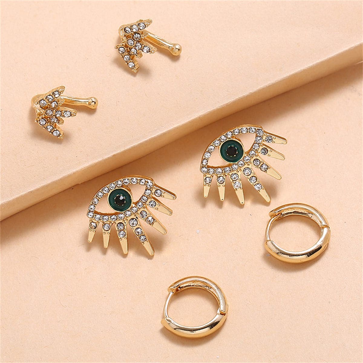 Cubic Zirconia & 18K Gold-Plated Eye Stud Earrings Set