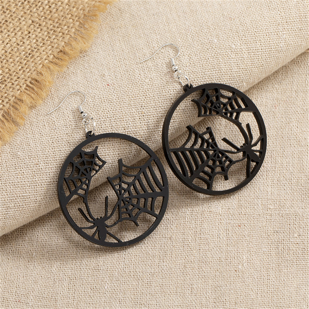 Black Acrylic & Silver-Plated Spider Web Round Drop Earrings