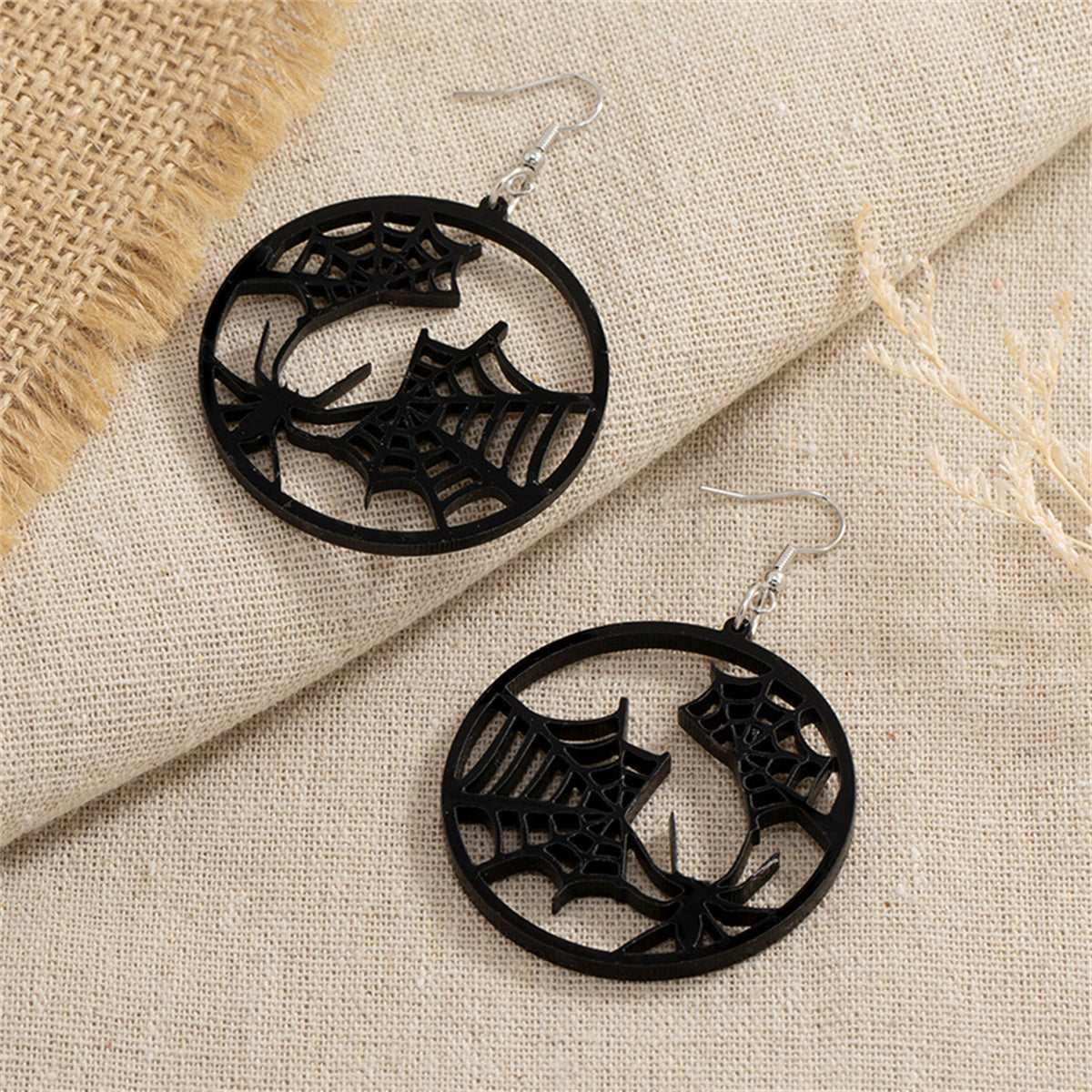 Black Acrylic & Silver-Plated Spider Web Round Drop Earrings