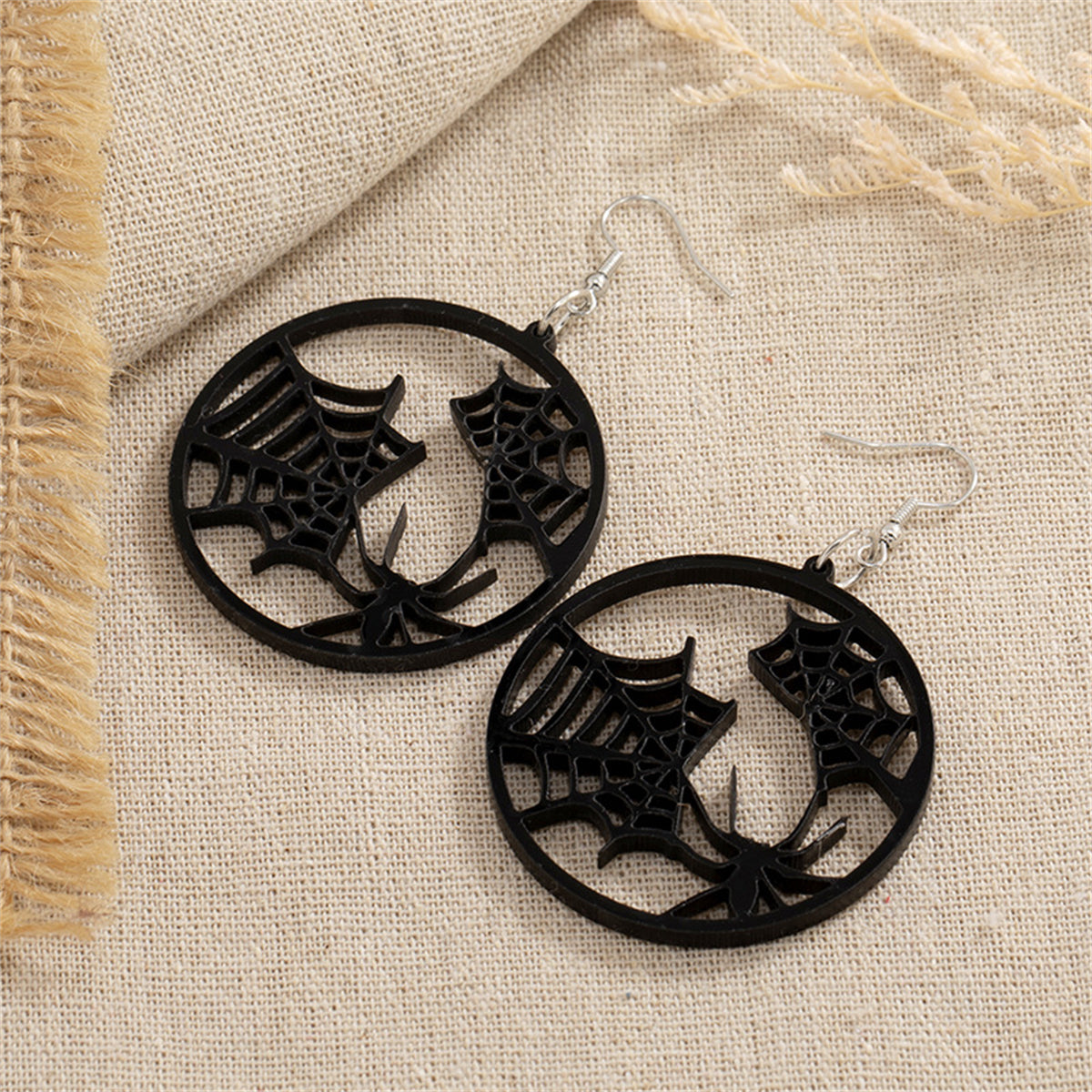 Black Acrylic & Silver-Plated Spider Web Round Drop Earrings